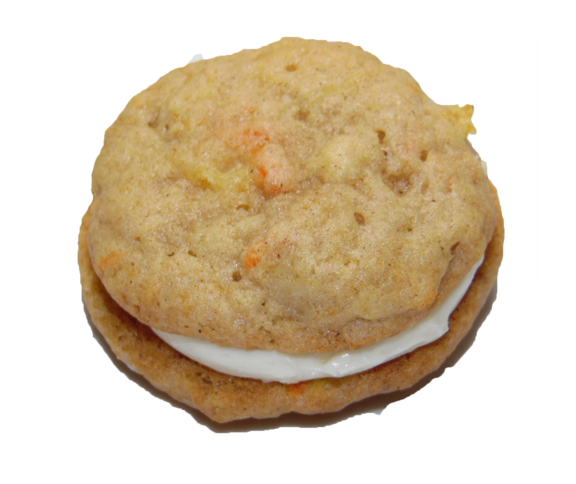 Carrot cake sandwich cookie with a smooth cream cheese filling.