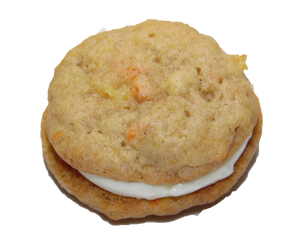 Carrot cake sandwich cookie with a smooth cream cheese filling.